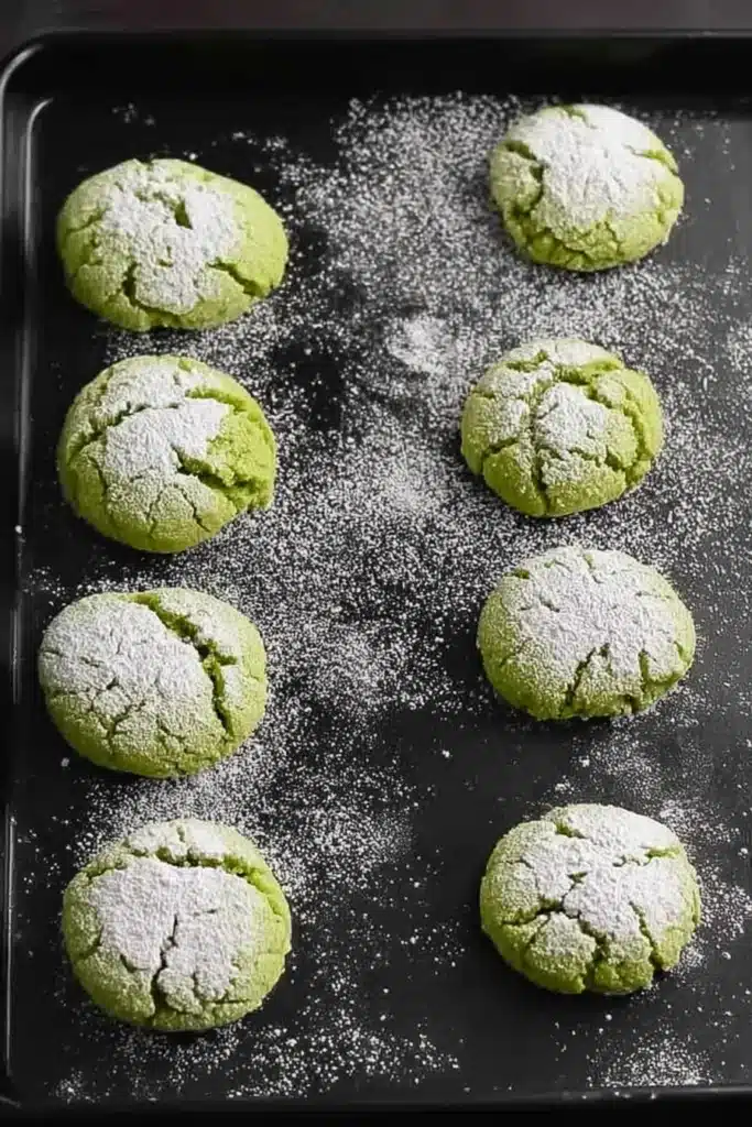 Unbaked Grinch crinkle cookies coated in powdered sugar on baking tray