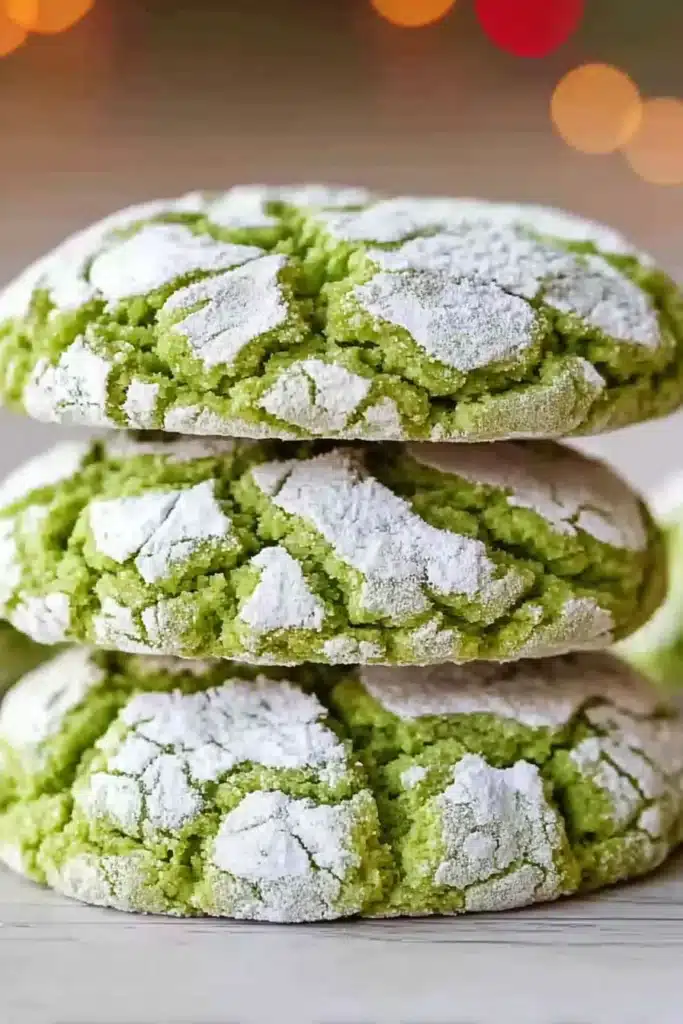 Stack of green Grinch crinkle cookies dusted with powdered sugar