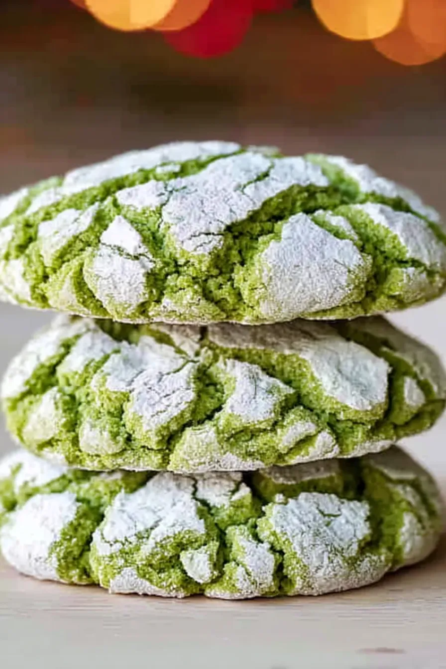 Stack of green Grinch crinkle cookies dusted with powdered sugar
