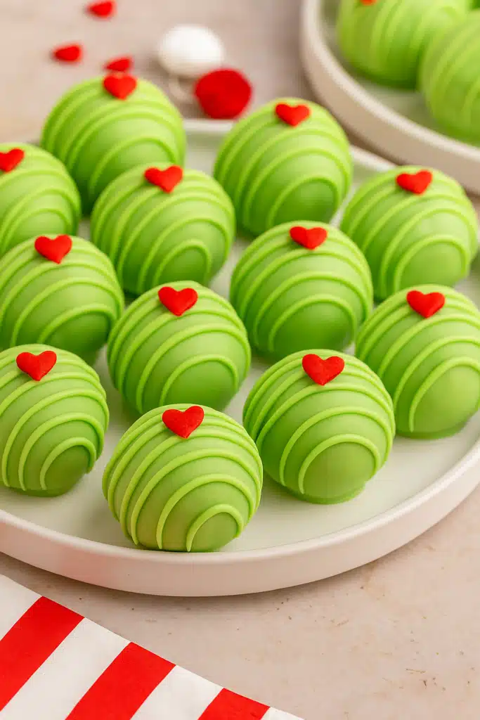 Grinch Oreo Balls – Easy, Festive & Delicious Treats 8 Plate of green Grinch Oreo Balls with red hearts for Christmas