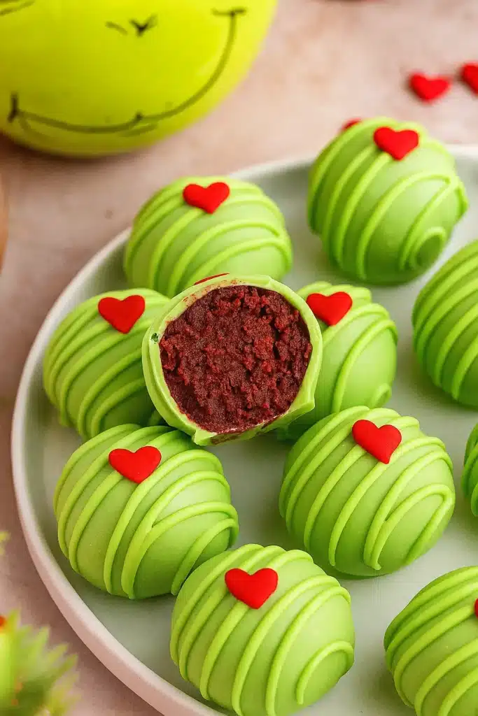 Grinch Oreo Balls – Easy, Festive & Delicious Treats 7 Green Grinch Oreo Balls with red hearts and red velvet filling on white plate