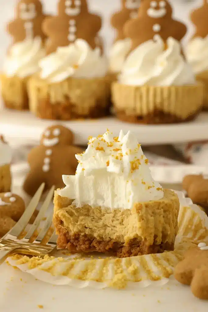 half-eaten gingerbread cheesecake with whipped cream and cookie crust
