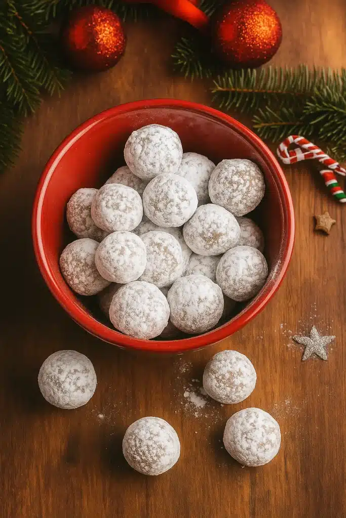 Healthy Christmas cookies dusted with powdered sugar in a red bowl
