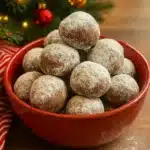 Bowl of healthy Christmas cookies dusted with powdered sugar near a holiday tree