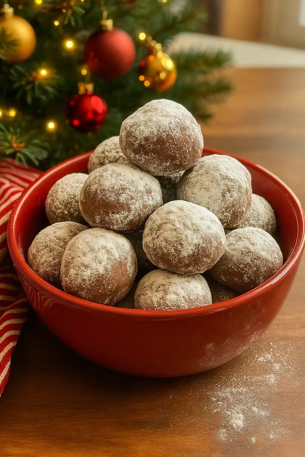 Bowl of healthy Christmas cookies dusted with powdered sugar near a holiday tree
