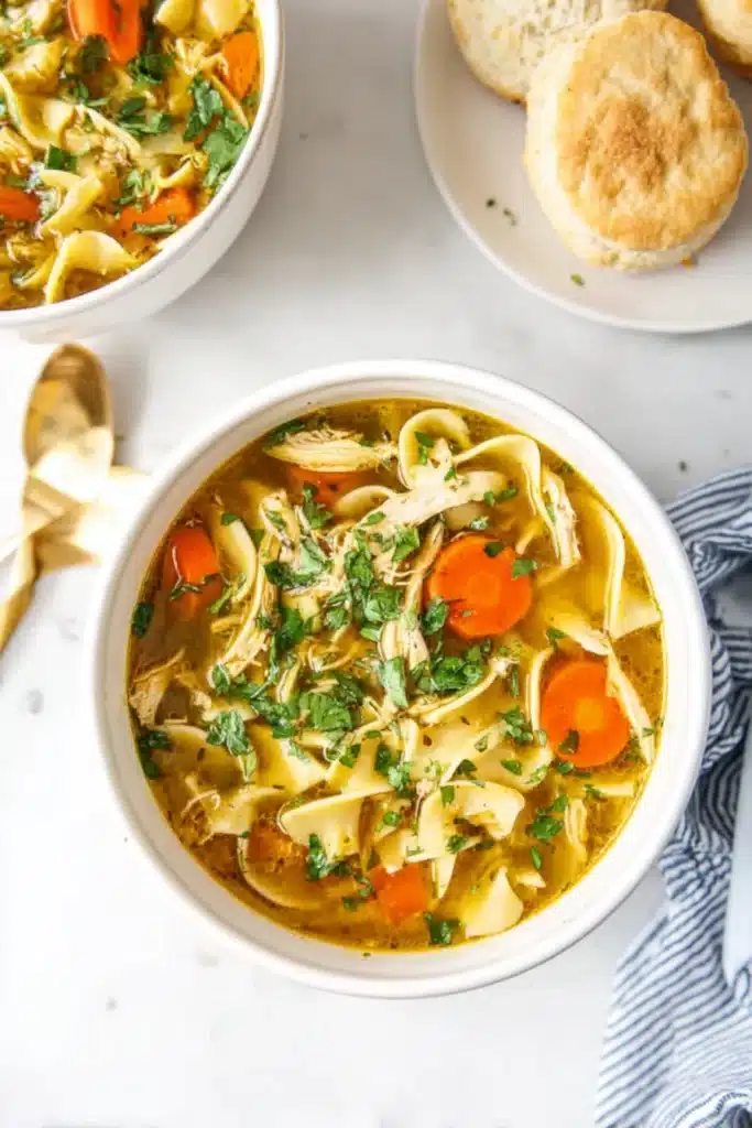 Chicken noodle soup with carrots, noodles, and herbs served in white bowls
