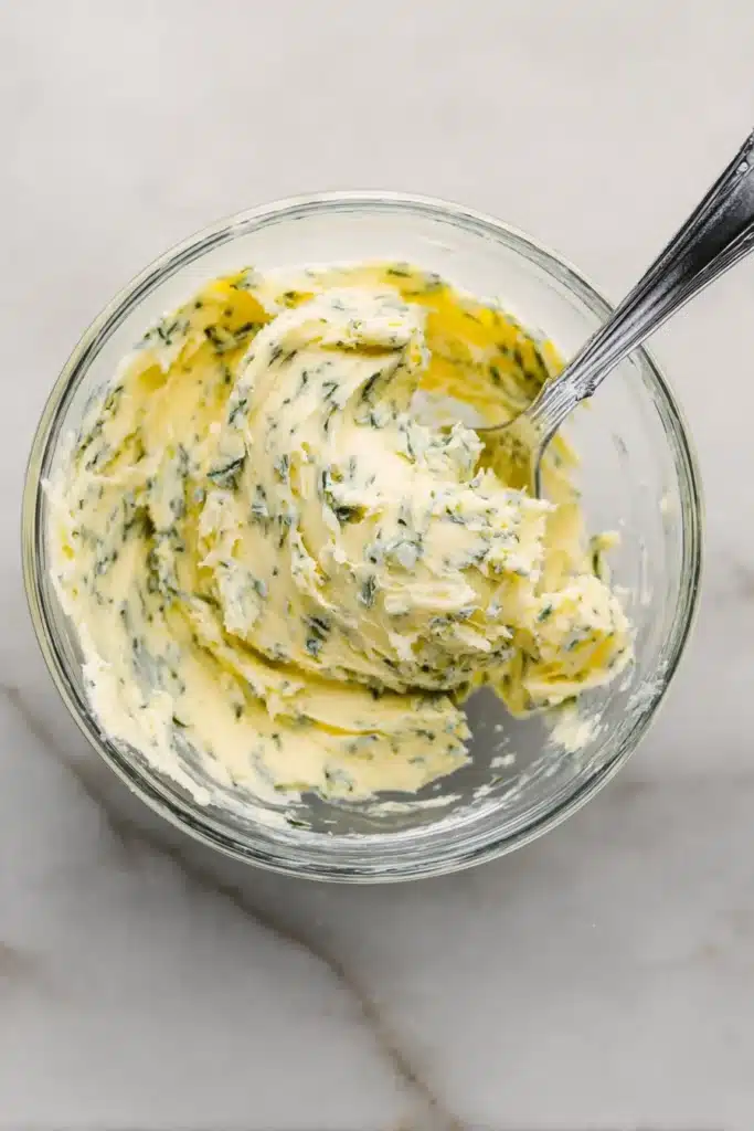 Beef Tenderloin Roast | Simple & Delicious Holiday Feast 13 Garlic herb butter in a glass bowl with spoon on light stone surface