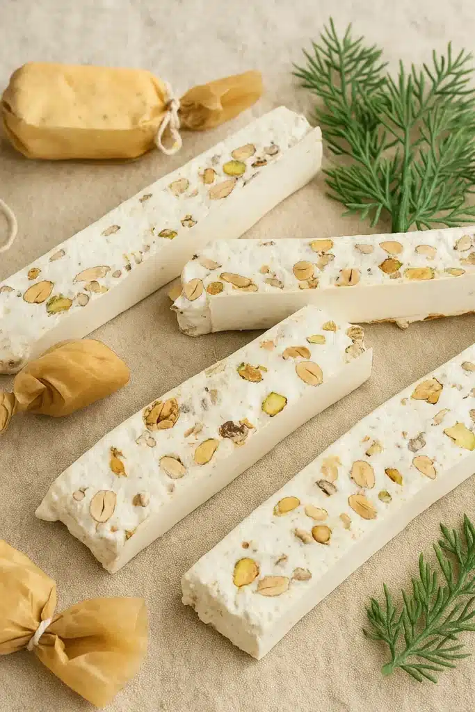homemade torrone Italian nut nougat with pistachios and almonds on parchment