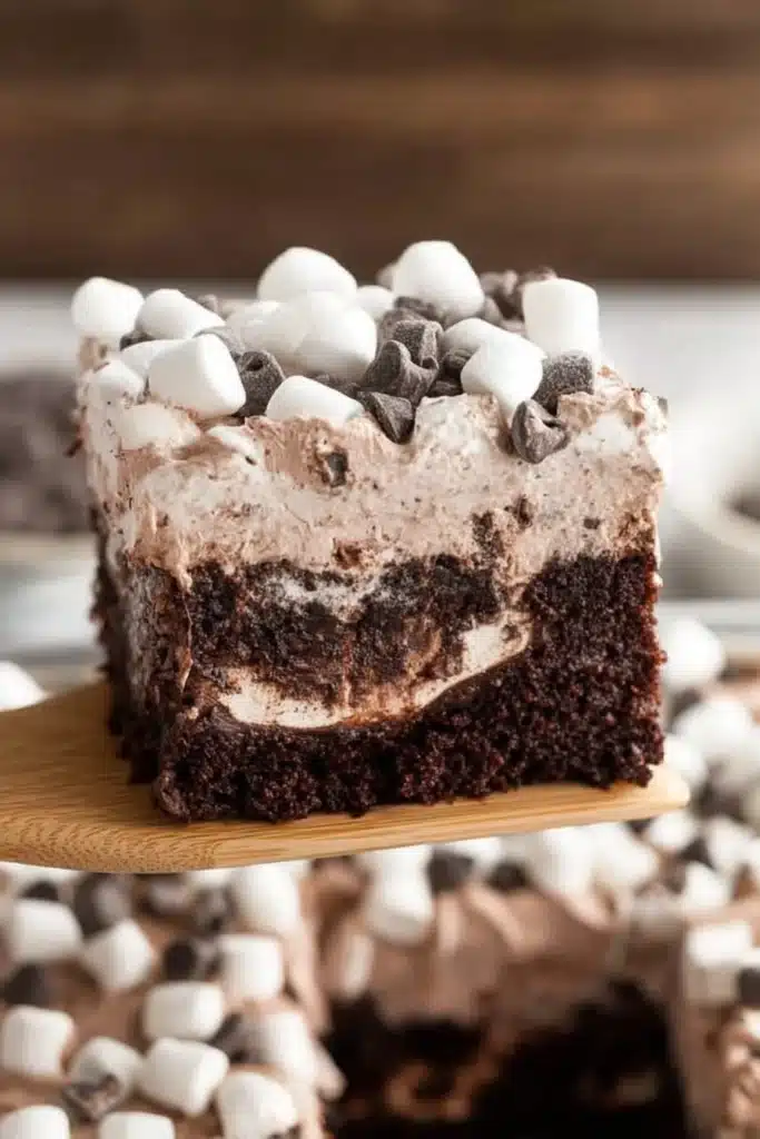 Slice of Hot Cocoa Poke Cake with marshmallows and fudge filling