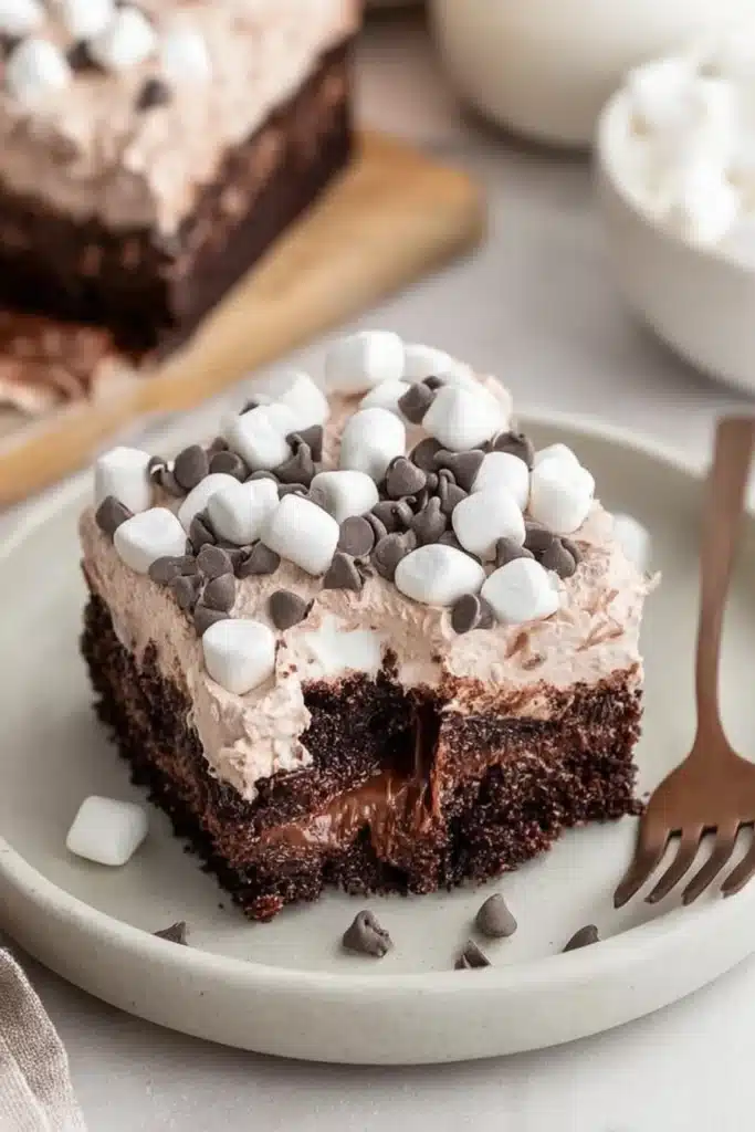 Moist hot cocoa poke cake slice topped with marshmallows and chocolate chips
