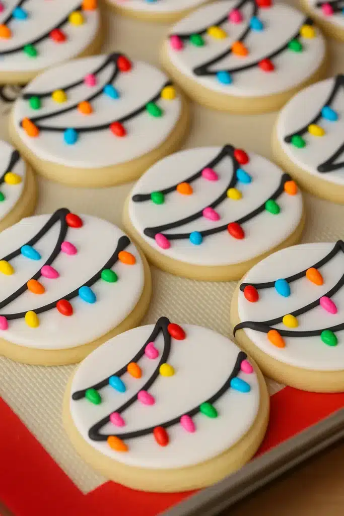 Icing Sugar Cookies on baking mat decorated with colorful Christmas lights