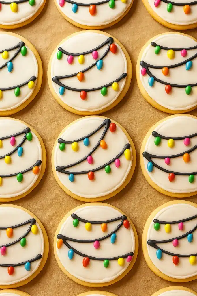 Icing Sugar Cookies decorated with colorful Christmas lights on white icing