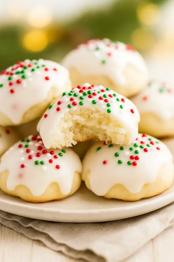 Soft Italian Christmas cookie with white icing, sprinkles, and a bite showing the fluffy center