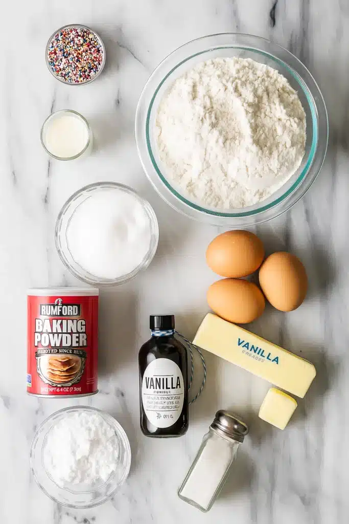 Flat lay of Italian cookie ingredients on marble countertop