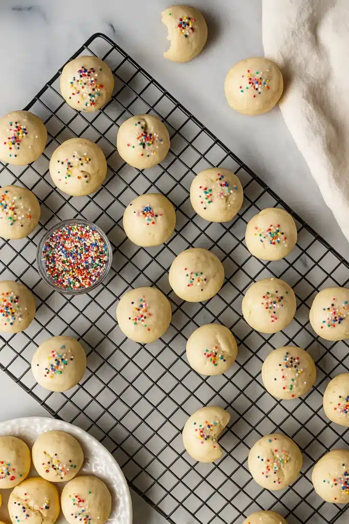 Fresh Italian cookies with vanilla glaze and sprinkles on cooling rack