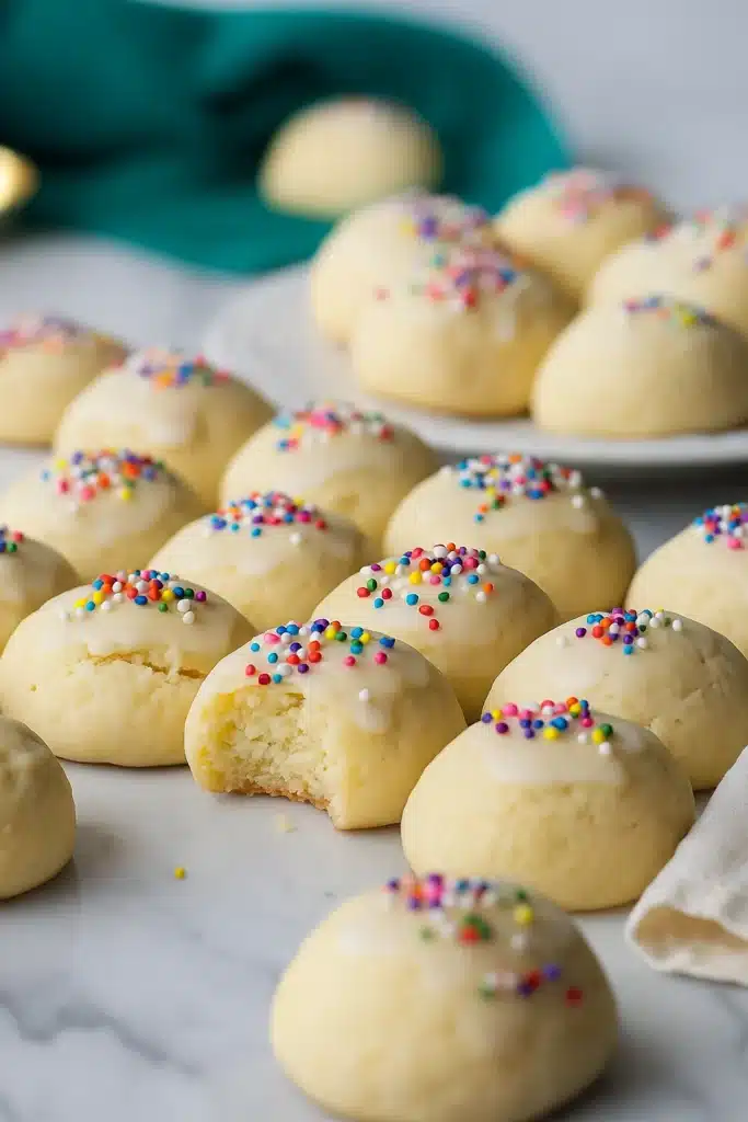 Plate of Italian cookies with vanilla glaze and colorful sprinkles