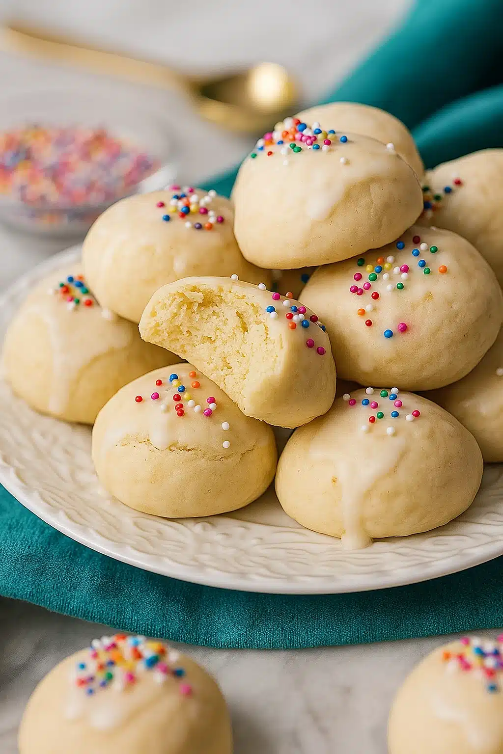 Soft Italian cookies with vanilla glaze and colorful sprinkles on a plate