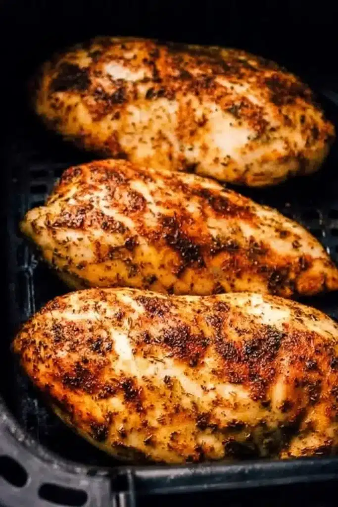 Juicy golden-brown air fryer chicken breasts in basket with crispy seasoning