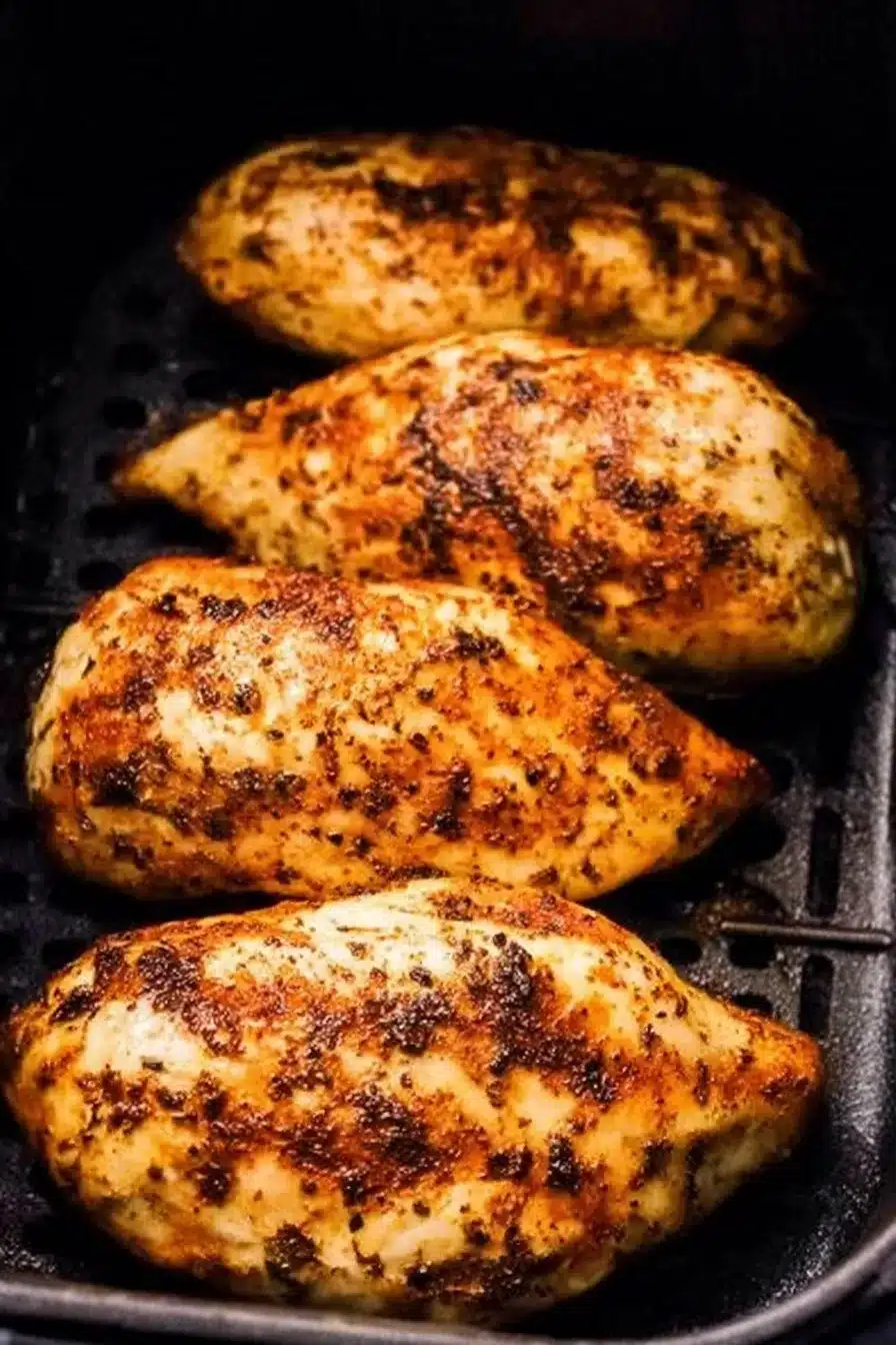 Juicy golden-brown air fryer chicken breasts in basket with crispy seasoning