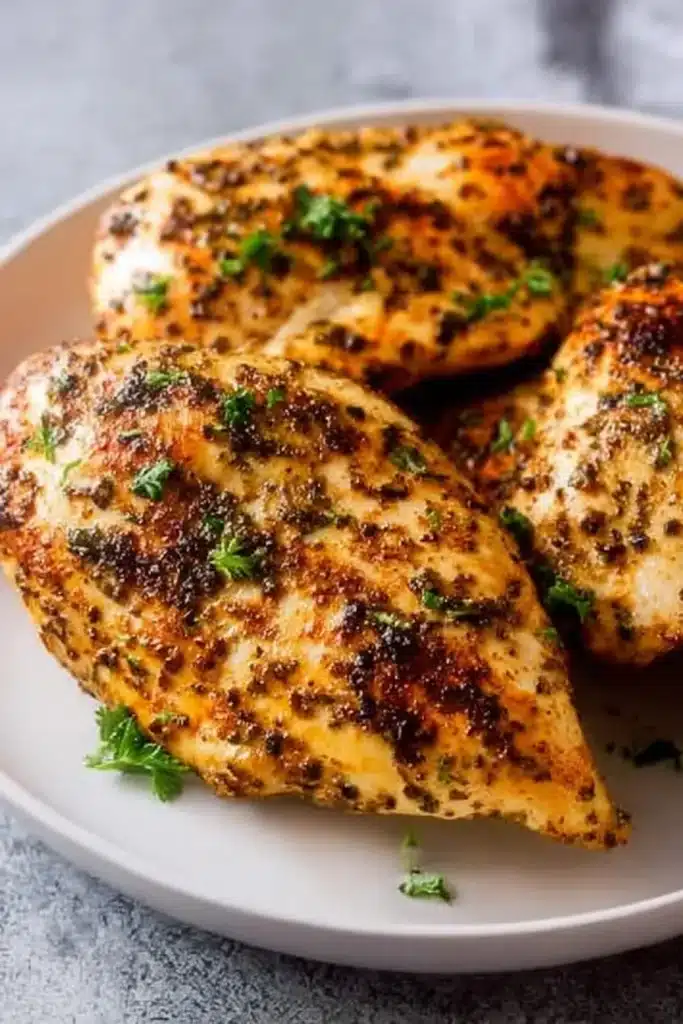 Juicy air fryer chicken breasts on plate with crispy golden crust and herbs