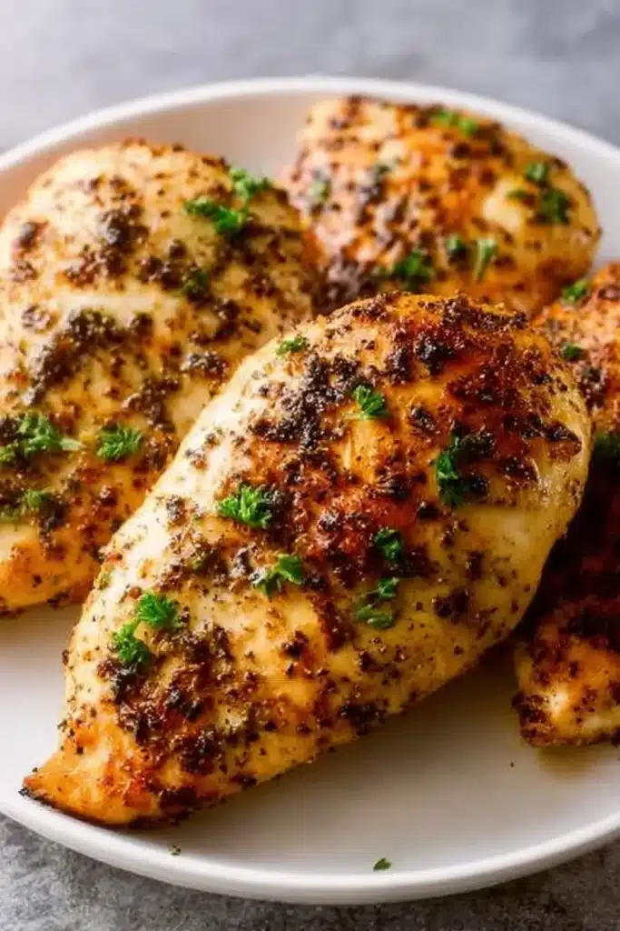 Juicy air fryer chicken breasts on plate with crispy golden crust and herbs