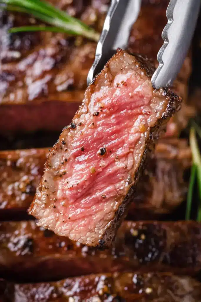 Pan Seared Steak – A Simple, Flavorful Christmas Dinner Star 11 Medium-rare pan seared steak slice held with tongs