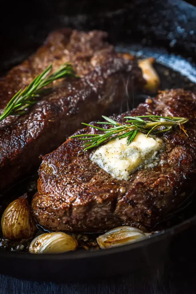 Pan Seared Steak – A Simple, Flavorful Christmas Dinner Star 14 Pan seared steak with butter and rosemary in cast iron skillet