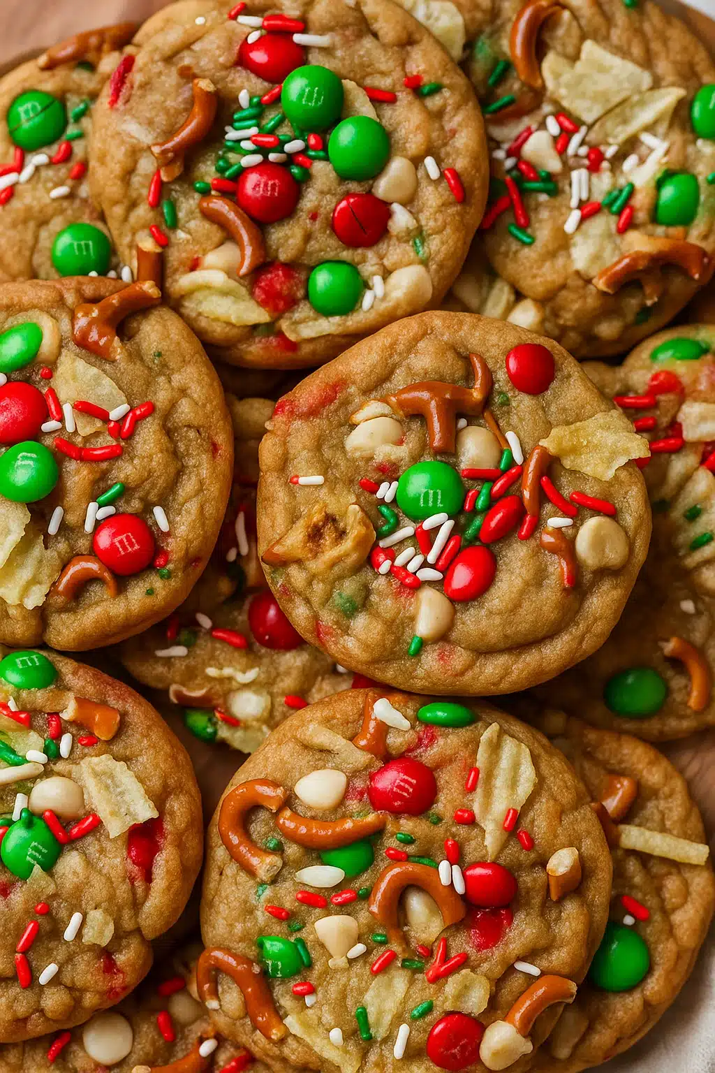 Close-up of chewy Kitchen Sink Christmas Cookies with M&Ms, pretzels, and holiday sprinkles