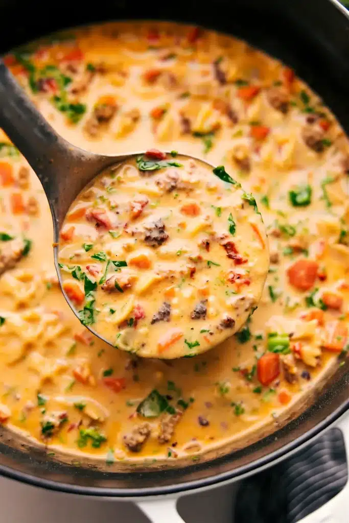 Ladle lifting creamy sausage pasta soup with kale and carrots
