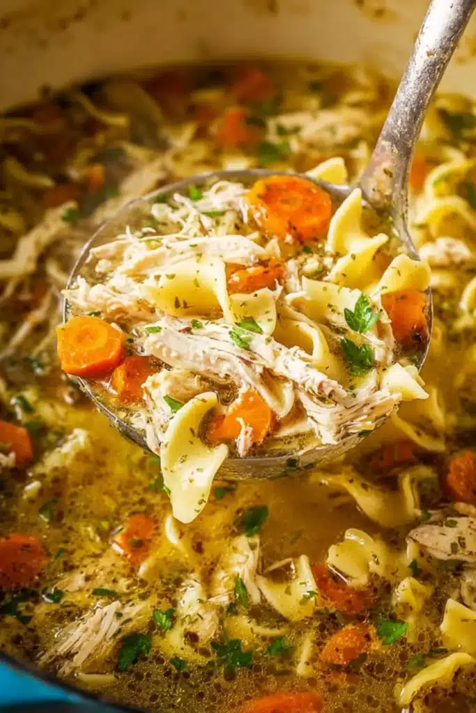 Ladle lifting chicken noodle soup with carrots, noodles, and herbs