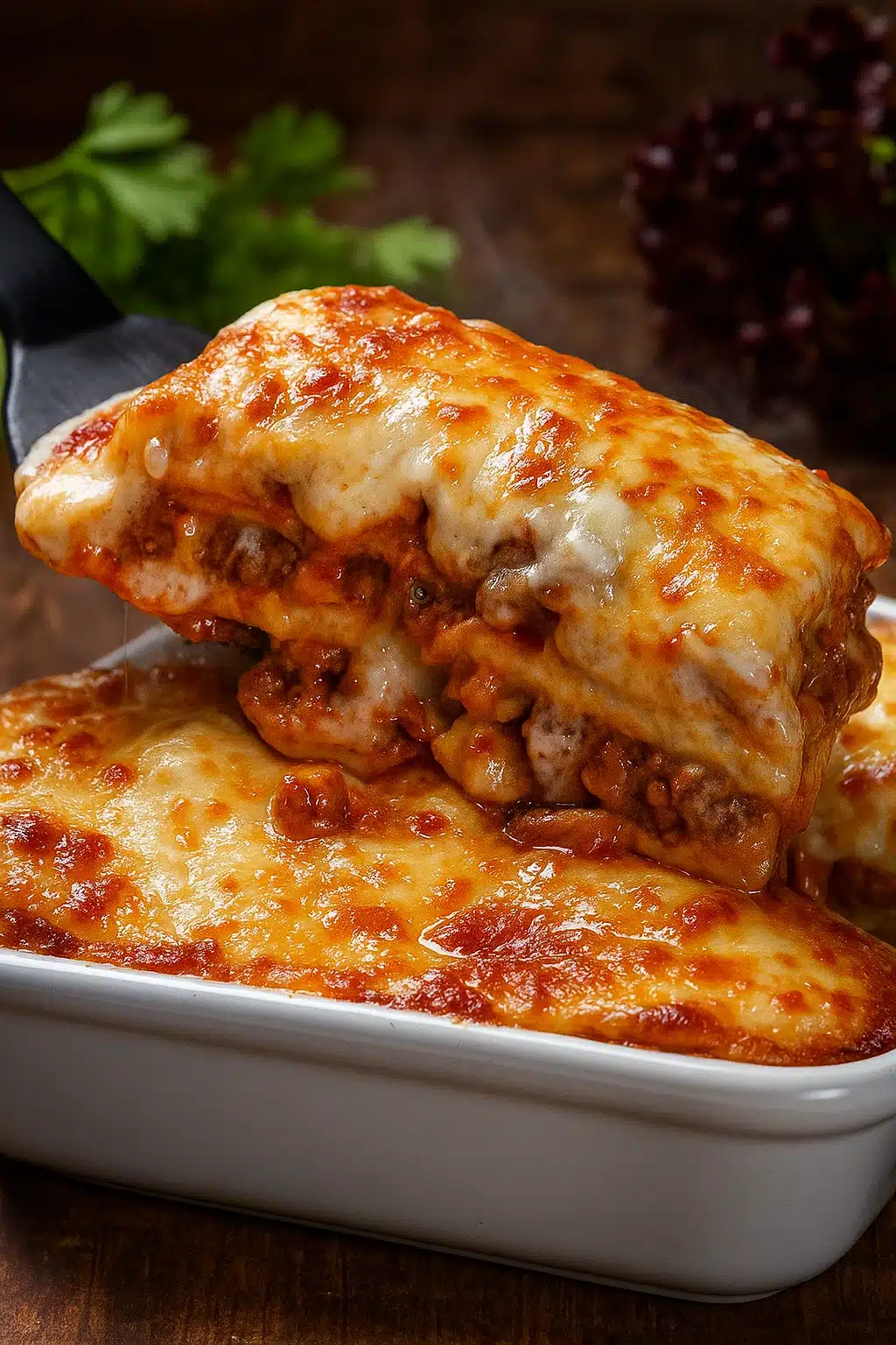 Maggiano’s lasagna slice with melted cheese and meat sauce
