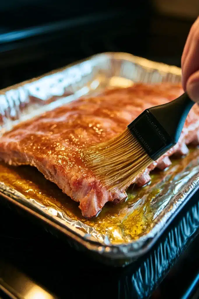 Pomegranate Glazed Pork Ribs – Amazing Holiday Feast 14 Brushing marinade over pomegranate glazed ribs in foil tray