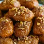 Close-up of Greek Melomakarona honey cookies topped with chopped nuts and syrup
