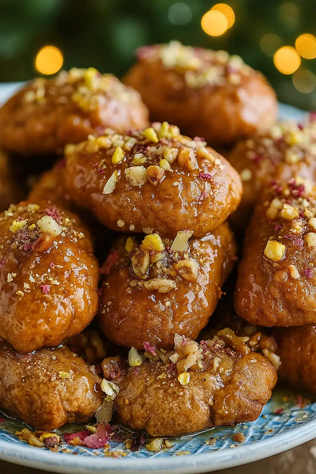 Close-up of Greek Melomakarona honey cookies topped with chopped nuts and syrup