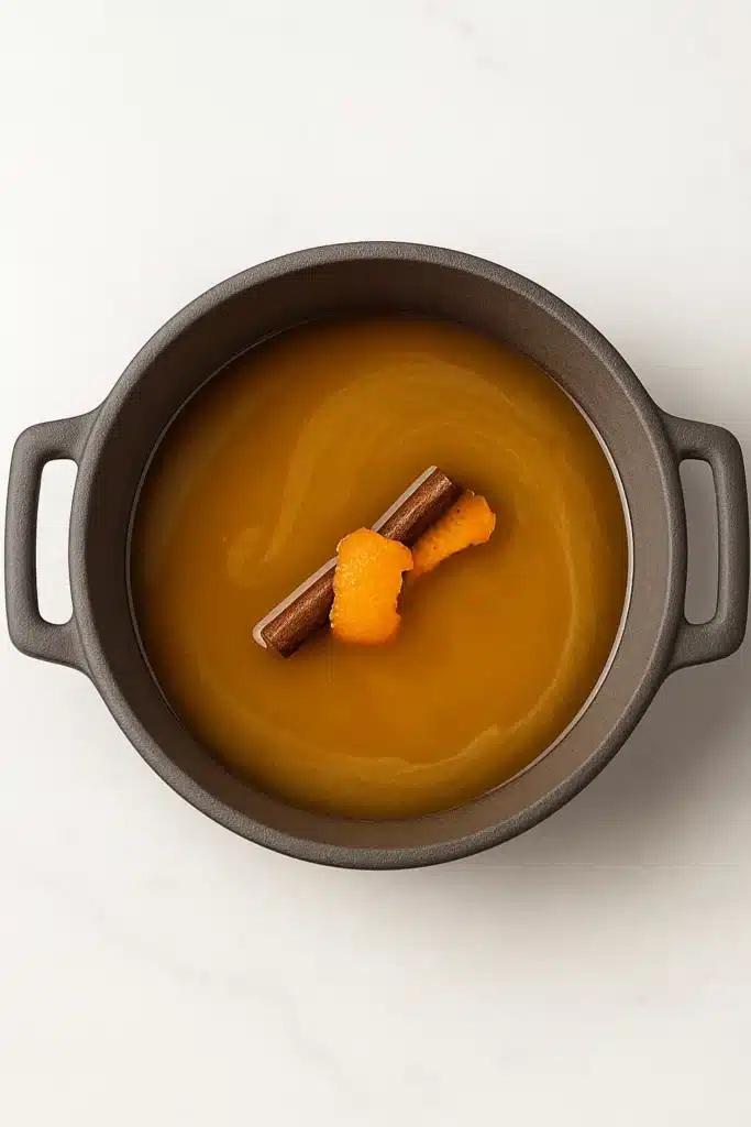 Honey syrup for Greek Melomakarona with cinnamon and orange peel in pot