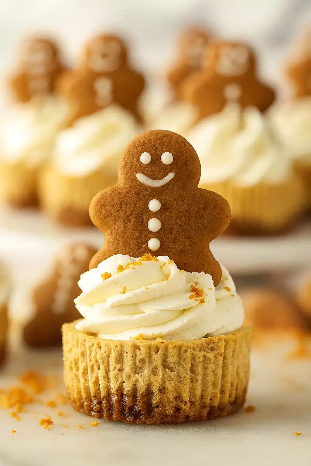 mini gingerbread cheesecake with whipped cream and cookie topper