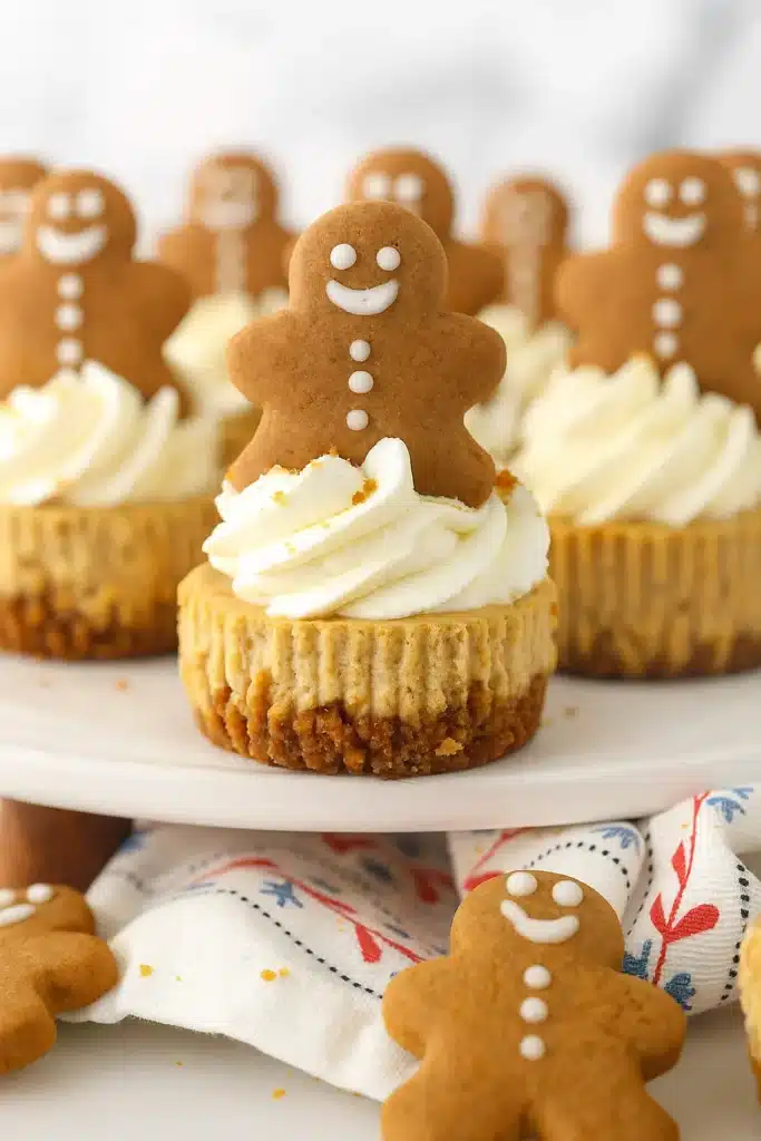 mini gingerbread cheesecakes topped with whipped cream and cookies