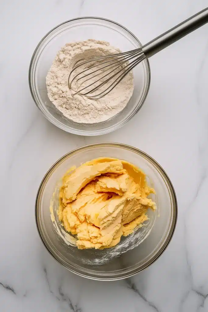 Stained Glass Cookies – Easy and Colorful Christmas Treats 10 Mixing bowls with flour and butter sugar mixture for stained glass cookies
