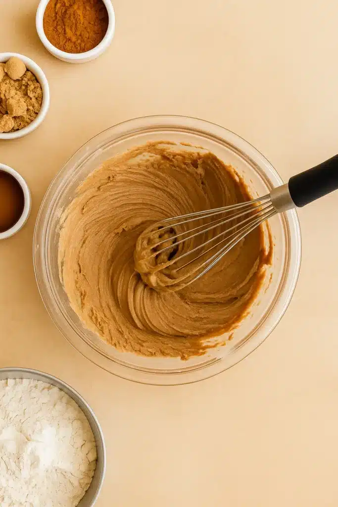 Gingerbread latte mousse cookie dough being whisked in a glass bowl