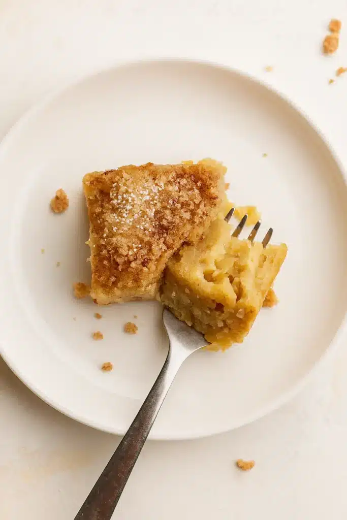 Slice of gluten-free apple cake on white plate with fork