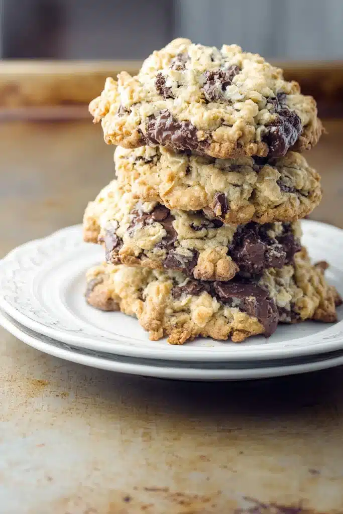 Neiman Marcus Cookie Recipe | Ultimate Christmas Favorite 11 Stack of thick Neiman Marcus cookies with chocolate chunks on a white plate