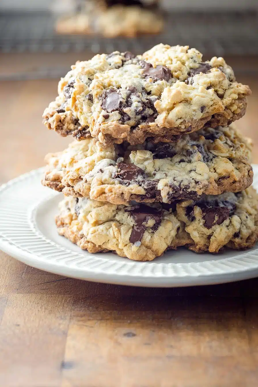 Stack of homemade Neiman Marcus cookies with chocolate chunks on a white plate
