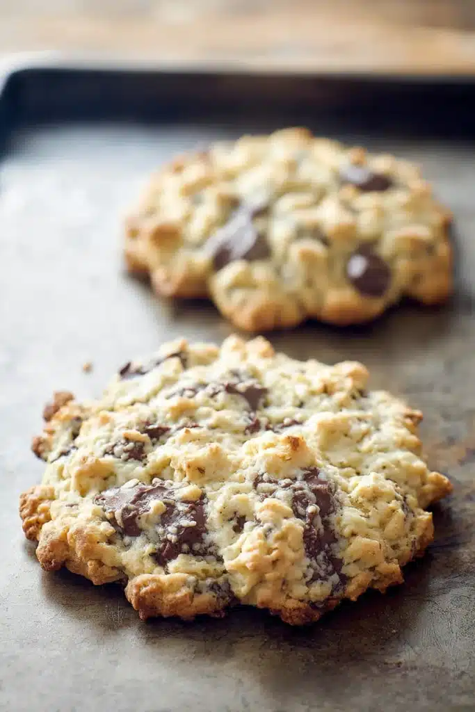 Neiman Marcus Cookie Recipe | Ultimate Christmas Favorite 7 Freshly baked Neiman Marcus cookies on a rustic baking sheet