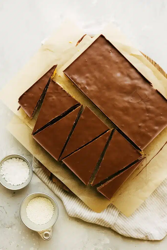 No bake peanut butter Christmas trees before cutting with chocolate topping