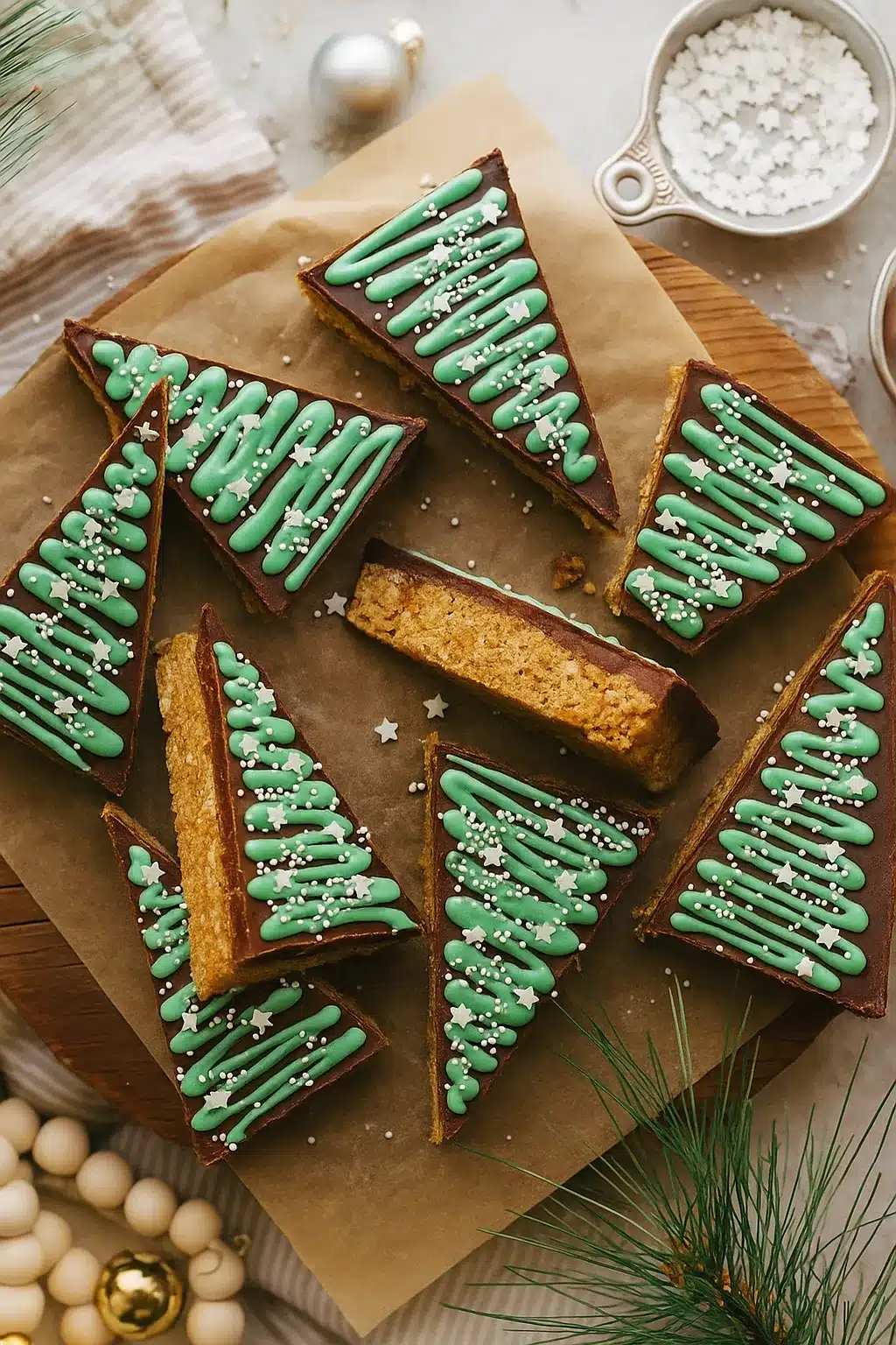 No bake peanut butter Christmas trees with chocolate topping and green icing