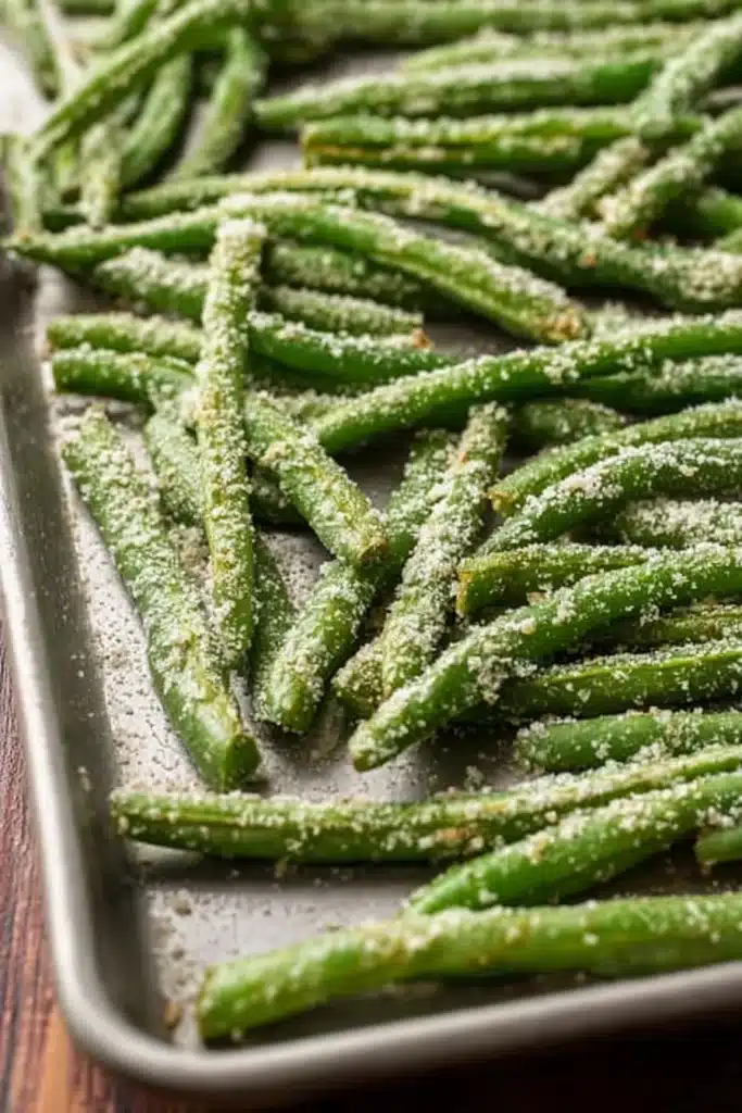 Parmesan-coated green beans on baking sheet ready for roasting