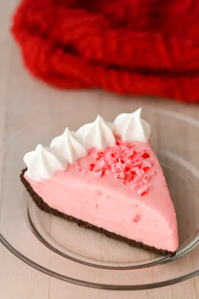 Slice of peppermint pie with whipped cream and crushed candy canes
