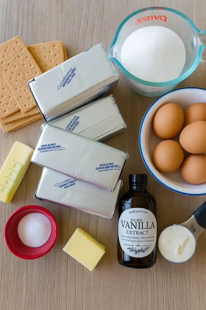 Perfect Cheesecake | Creamy, Crack-Free Christmas Dessert 9 Perfect cheesecake ingredients flat lay on white-gray table with cream cheese, eggs, and graham crackers