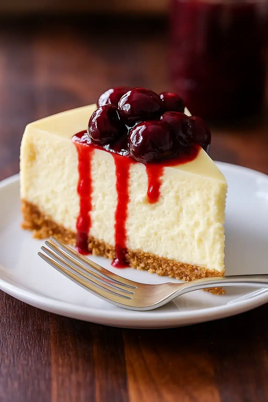 home 11 Slice of perfect cheesecake with cherry topping and graham crust on white plate