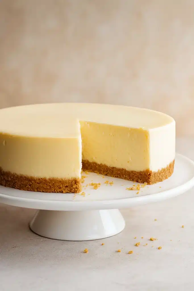 Perfect Cheesecake | Creamy, Crack-Free Christmas Dessert 8 Perfect cheesecake on a white stand with a smooth creamy filling and graham cracker crust